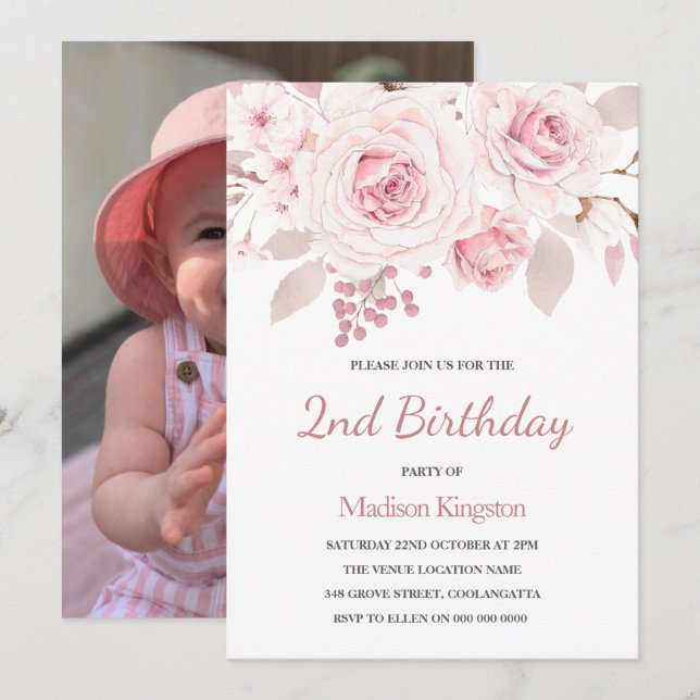 Girls 1st Birthday Party with Photo Pink Flowers I Invitation (Front/Back)