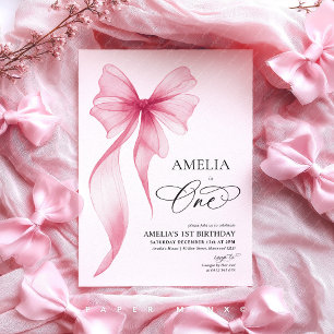 Girls 1st birthday pink bow coquette  invitation