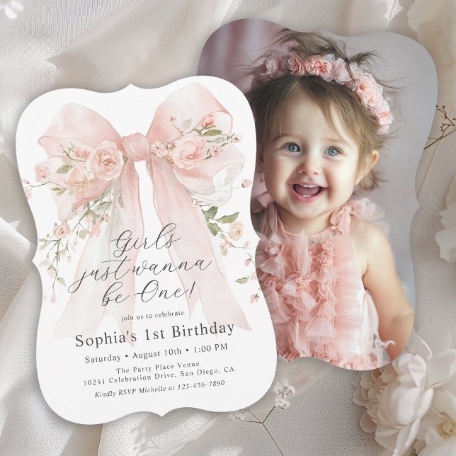 Girl's 1st Birthday Pink Floral Bow and Photo Invitation (Creator Uploaded)
