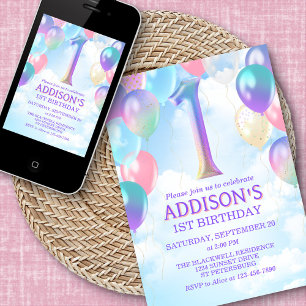 Girls 1st Birthday Rainbow Balloons Invitation