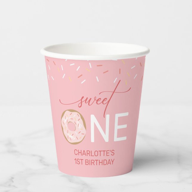 Girl's 1st Birthday Sweet One Doughnut Paper Cups (Front)