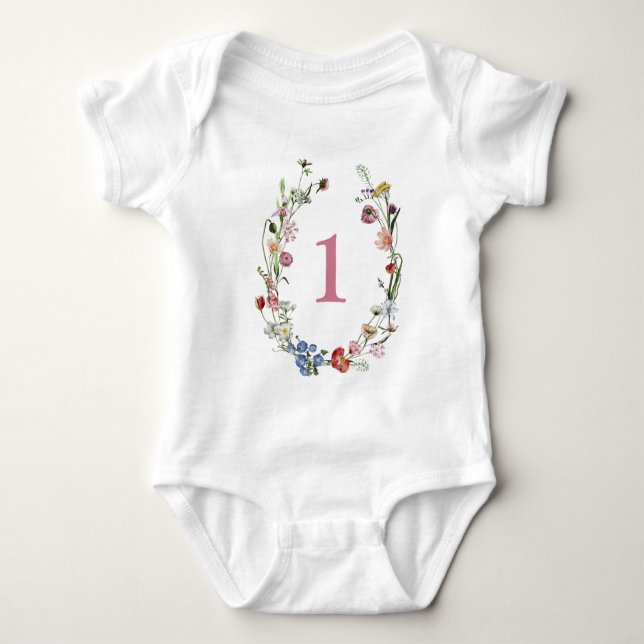 Girl's 1st Birthday Wild Flowers Wreath  Baby Bodysuit (Front)