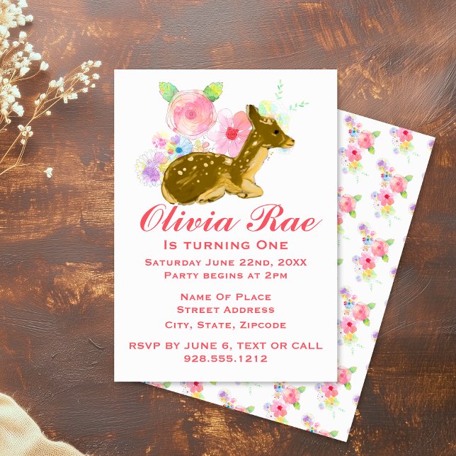 Girl's 1st Birthday Woodland Pink Floral  Invitation (Girl's 1st Birthday Woodland Pink Floral Invitation
)