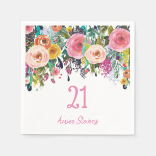 Girls 21st Birthday Party Pink Flower Peach Napkin