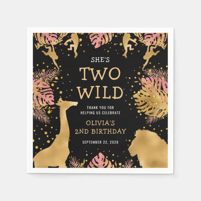 Girls 2nd Birthday Party Pink Gold Black Safari Napkin (Front)
