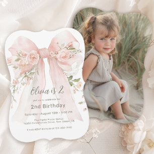 Girl's 2nd Birthday Pink Floral Bow and Photo Invitation