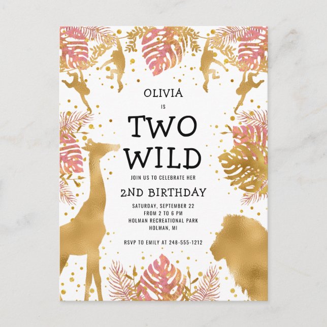 Girls 2nd Birthday Pink Safari Party Invitation Postcard (Front)