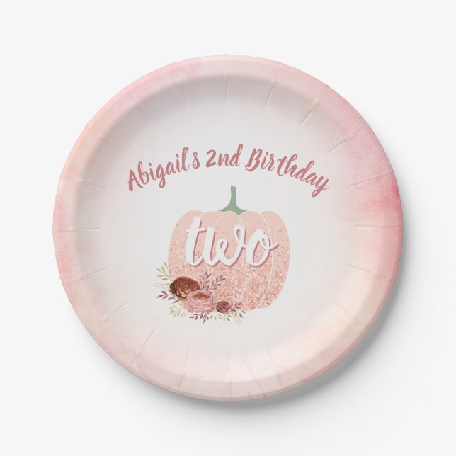 Girls 2nd Birthday Rose Gold Glitter Pumpkin Paper Plate (Front)