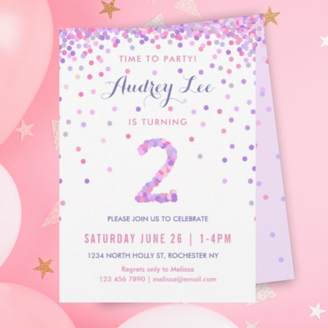 Girls 2nd Birthday Second Birthday Party Invitation (Pink and purple confetti for your 2 year old's birthday party!)