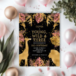 Girls 3rd Birthday Party Pink Gold Black Safari Postcard<br><div class="desc">This "young, wild and three" jungle safari themed girl's third birthday party invitation postcard features gold faux foil animals (giraffe, lion and monkeys), gold and pink jungle foliage, and a sprinkling of gold confetti on a black background. Add the name of the birthday girl and party details in gold and...</div>