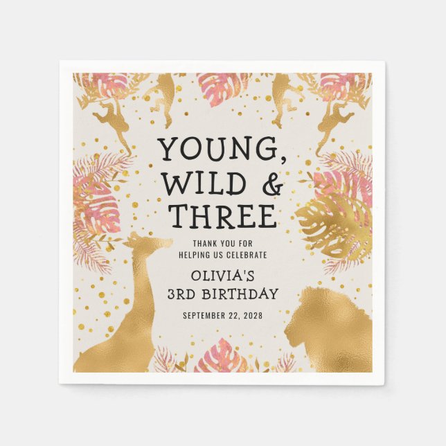 Girls 3rd Birthday Party Pink Gold Ecru Safari Napkin (Front)