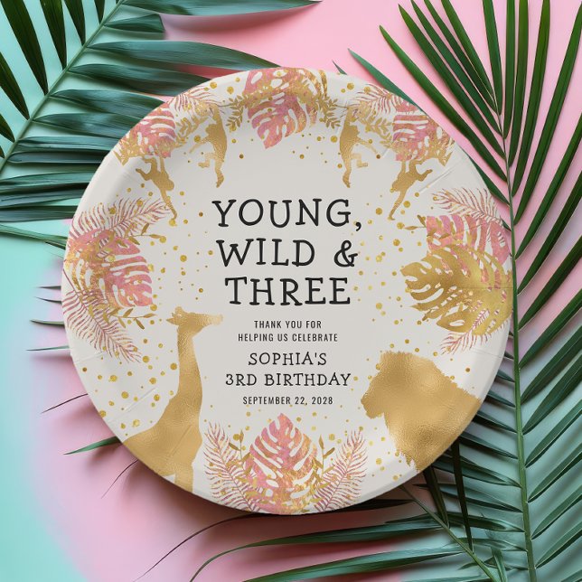 Girls 3rd Birthday Party Pink Gold Ecru Safari Paper Plate (Creator Uploaded)