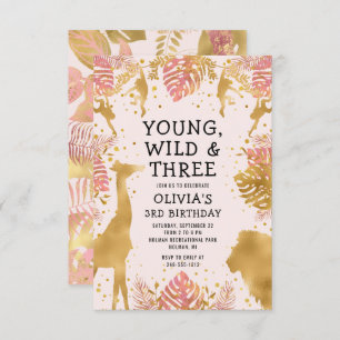 Girls 3rd Birthday Pastel Pink Gold Safari Invitation