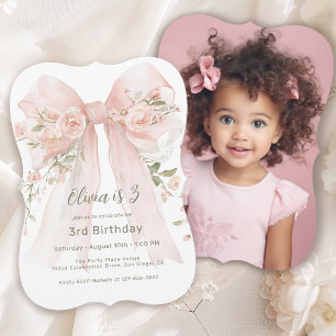 Girl's 3rd Birthday Pink Floral Bow and Photo Invitation