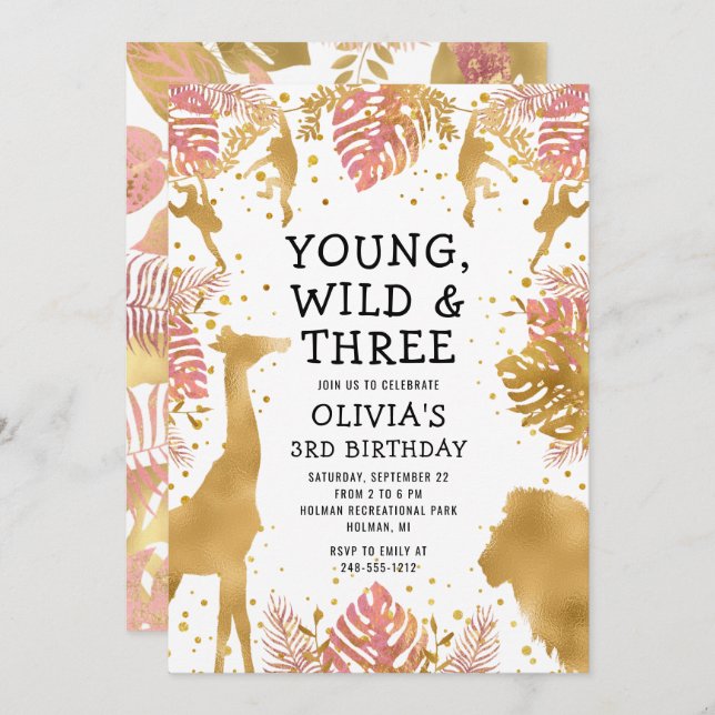 Girls 3rd Birthday Pink Gold Safari Invitation (Front/Back)