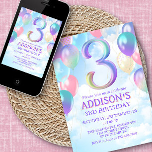 Girls 3rd Birthday Rainbow Balloons Invitation