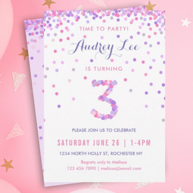 Girls 3rd Birthday Third Birthday Party Invitation (Pink and purple confetti for your 3 year old's birthday party!)