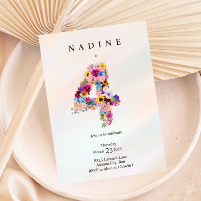 Girls 4th Birthday Fourth Birthday Floral Party  Invitation (Creator Uploaded)