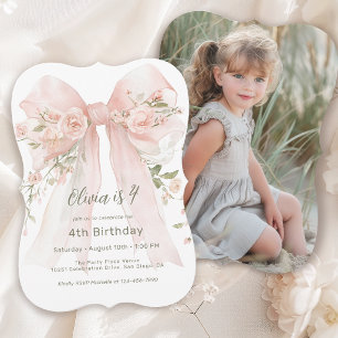 Girl's 4th Birthday Pink Floral Bow and Photo Invitation