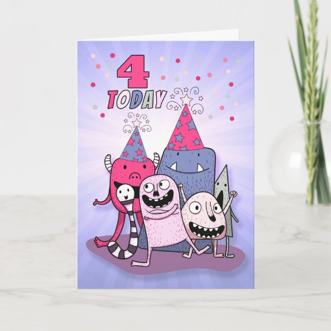Girls 4th Birthday Pink n Purple Cartoon Monsters Card (Front)