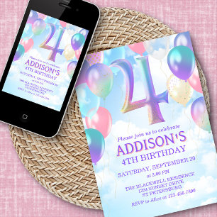 Girls 4th Birthday Rainbow Balloons Invitation