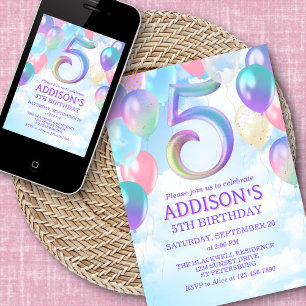 Girls 5th Birthday Rainbow Balloons Invitation