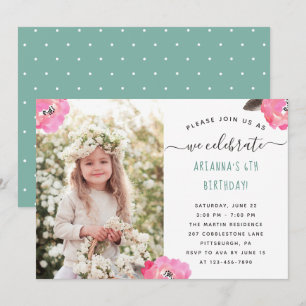 Girls 6th Birthday Party Floral Polka Dot Photo Invitation