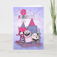 Girls 6th Birthday Pink n Purple Cartoon Monsters