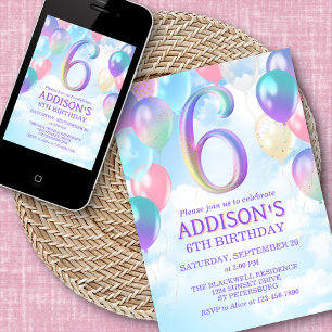 Girls 6th Birthday Rainbow Balloons Invitation