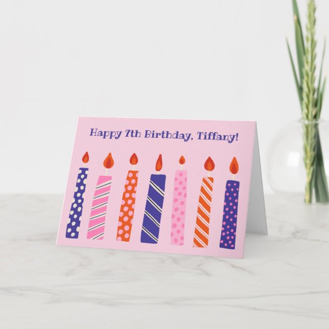 Girl's 7th Birthday 7 Pink, Purple Candles Party Card (Front)