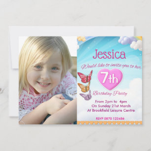 Girls 7th Birthday Party Photo Invites Butterflies