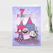 Girls 7th Birthday Pink n Purple Cartoon Monsters