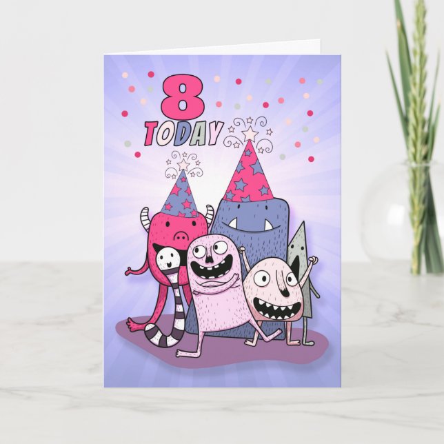 Girls 8th Birthday Pink n Purple Cartoon Monsters Holiday Card (Front)