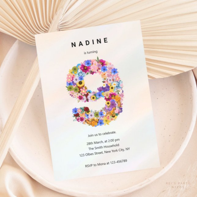 Girls 9th Birthday Ninth Birthday Floral Party Invitation (Creator Uploaded)