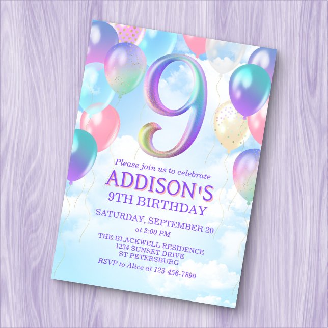 Girls 9th Birthday Rainbow Balloons Invitation (Creator Uploaded)