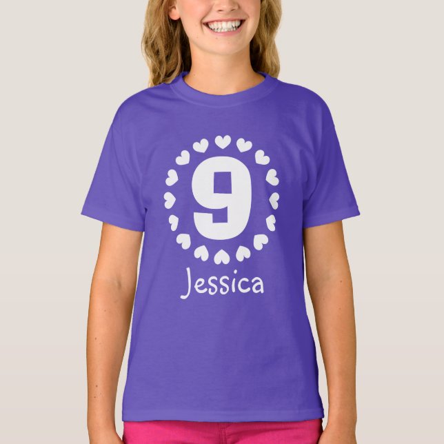 Girls 9th Birthday shirt | Age nine with hearts (Front)