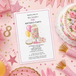 Girls Age 8 Floral Birthday Cake & Balloons Invitation