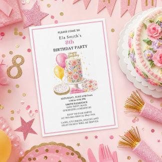 Girls Age 8 Floral Birthday Cake & Balloons Invitation