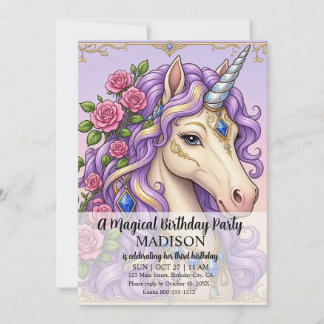 Girls Ages 1 - 8 | Unicorn Birthday Party Invitation