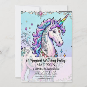 Girls Ages 1 - 8 Unicorn Birthday Party Invitation