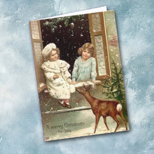 Girls and Deer Vintage Christmas Card