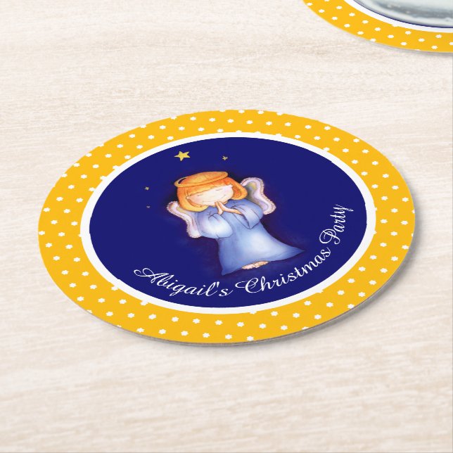 Girls angel personalised Christmas paper coasters (Angled)