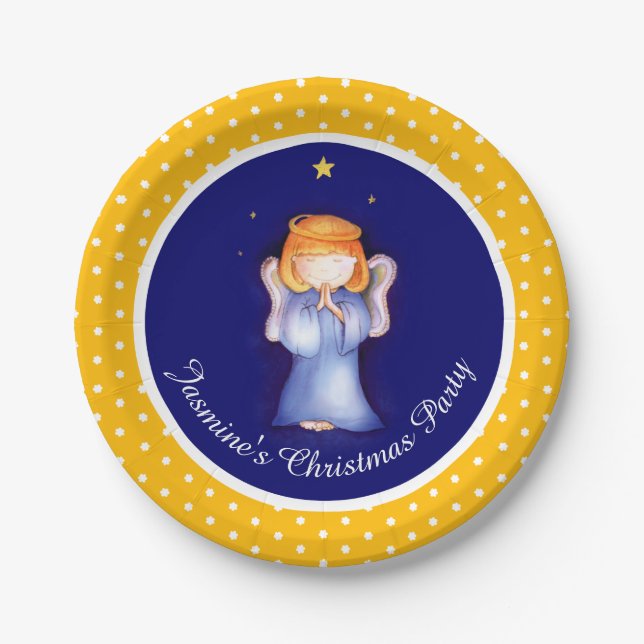 Girls angel personalised Christmas paper plate (Front)