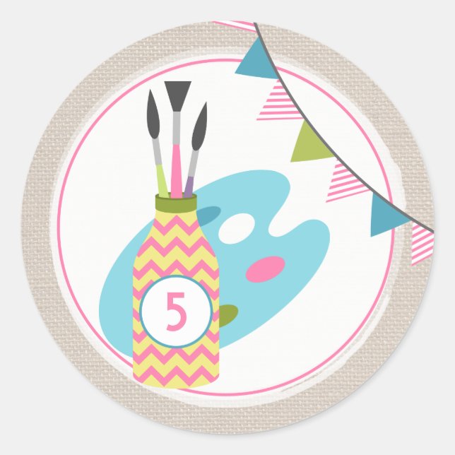 Girls Art Painting Birthday Party Invitation Classic Round Sticker (Front)