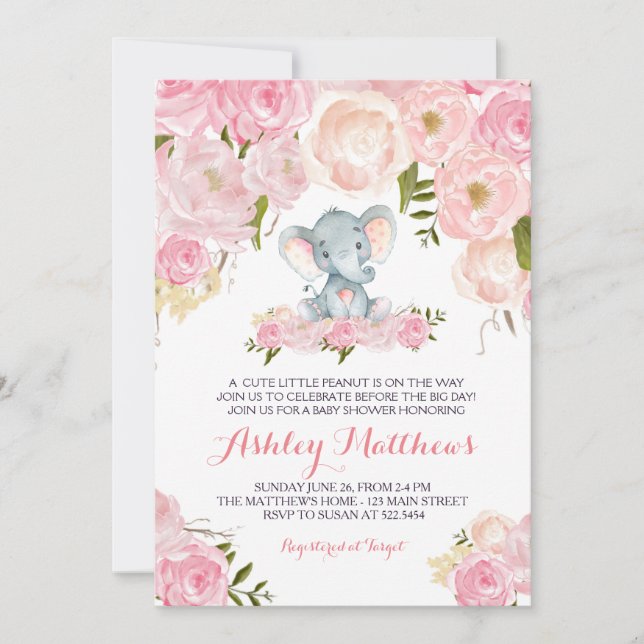 Girls Baby Elephant Baby Shower Invitations (Front)