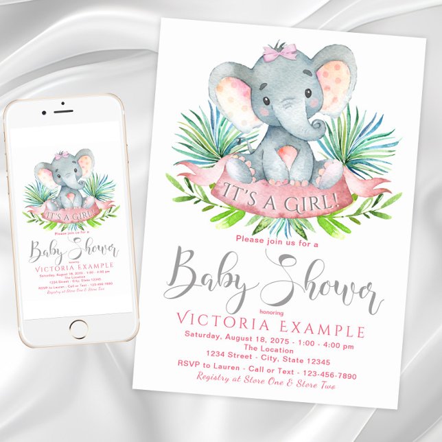 Girls Baby Elephant Baby Shower Invitations (Girl elephant baby shower invitation with adorable baby elephant with bow. Digital and printed.)