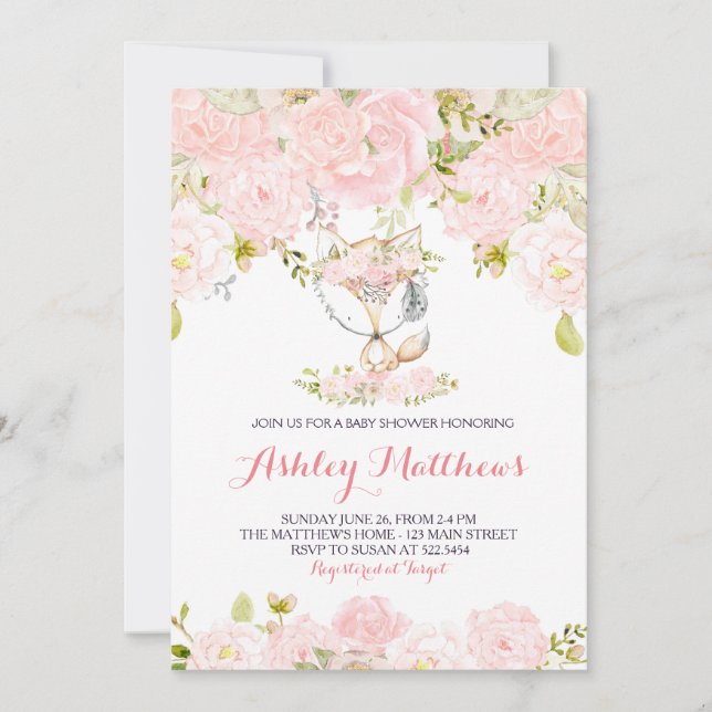 Girls Baby fox Baby Shower Invitations (Front)