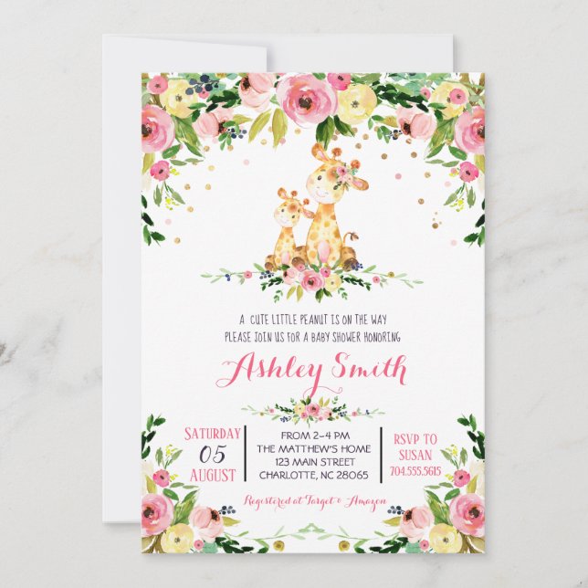 Girls Baby Giraffe Baby Shower Invitations (Front)