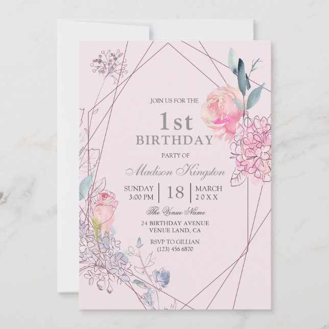 Girls Baby Pink Cute Floral Geometric 1st Birthday Invitation (Front)
