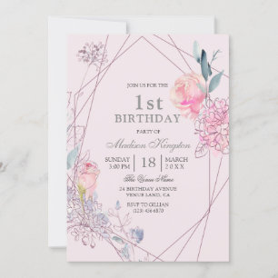 Girls Baby Pink Cute Floral Geometric 1st Birthday Invitation